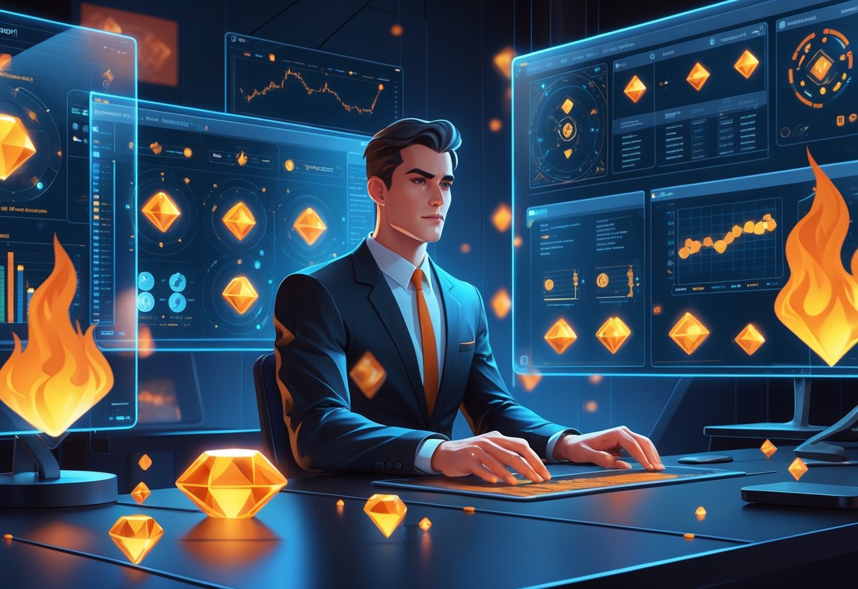 Seorang analis sedang mempelajari grafik dan pola di layar holografik dengan latar belakang bertema permata dan api.