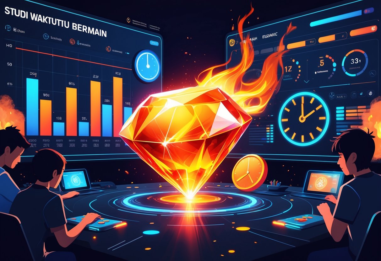 Ilustrasi profesional yang menggambarkan lingkungan permainan dengan grafik statistik waktu bermain dan batu permata api menyala di tengah, dikelilingi oleh jam dan siluet pemain yang sedang bermain.