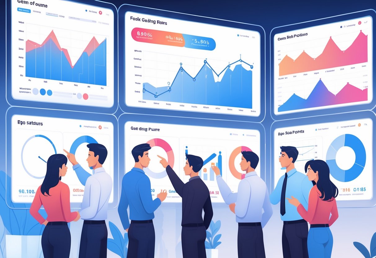 Orang-orang sedang menganalisis grafik dan statistik waktu bermain game Gem Fire Fortune™ di layar digital di ruang kantor modern.