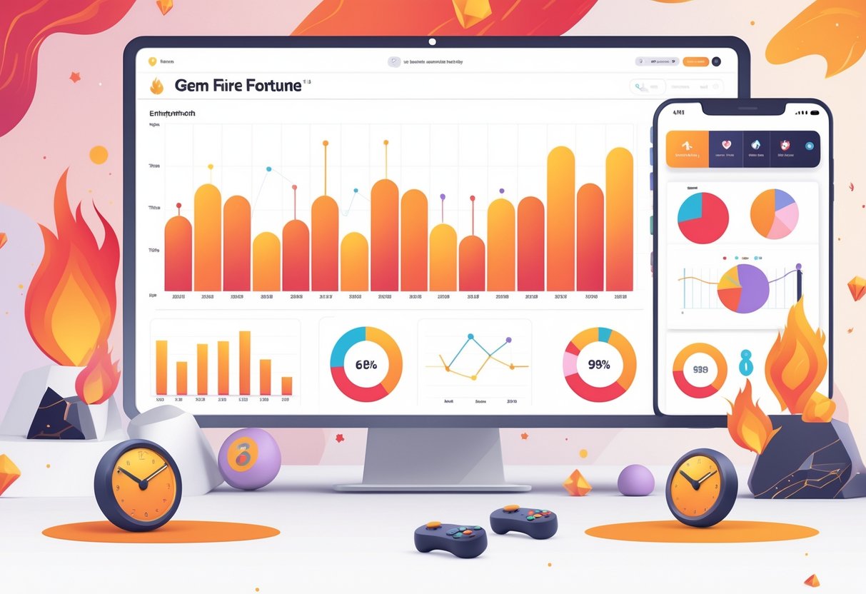 Ilustrasi dashboard dengan grafik dan ikon yang menunjukkan pola dan distribusi waktu bermain game Gem Fire Fortune.