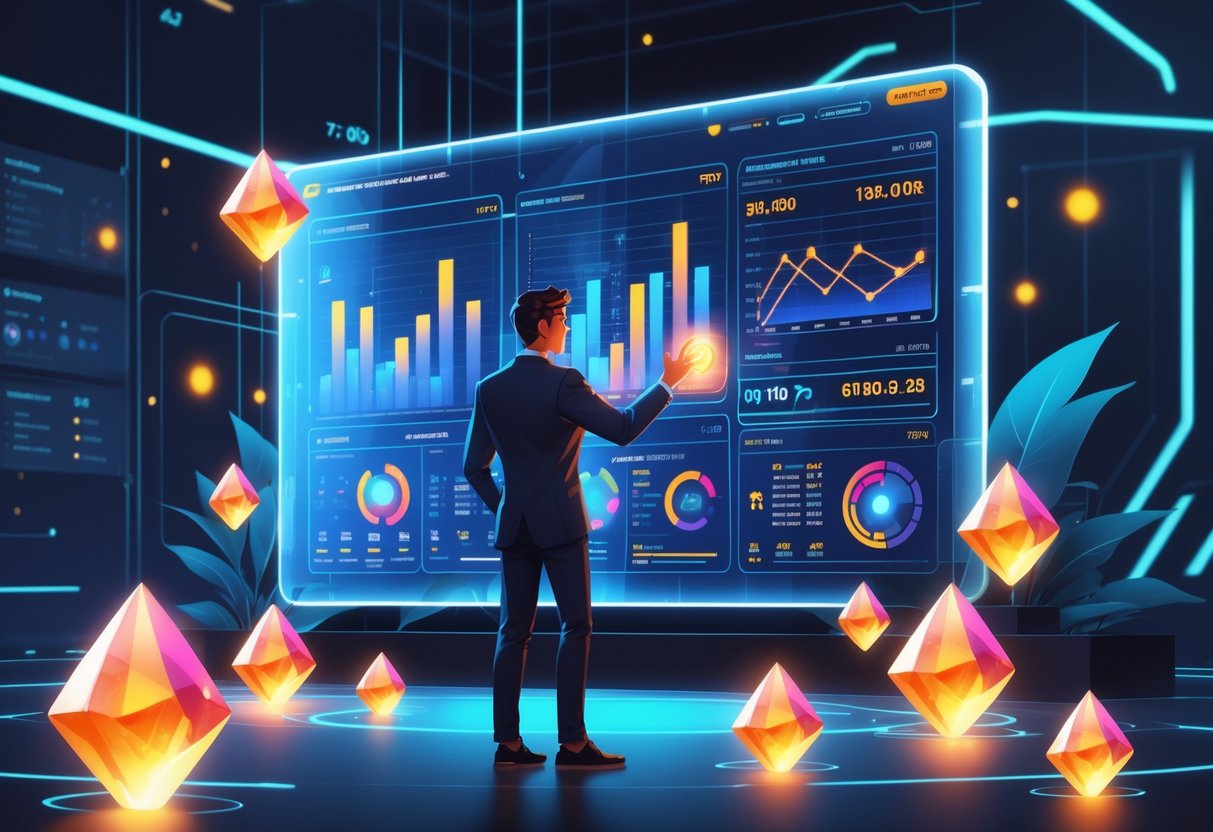 Seorang analis sedang bekerja di depan layar besar yang menampilkan grafik dan data statistik permainan dengan ikon permata berwarna menyala di sekitarnya.