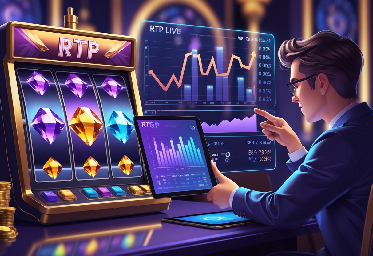 Seorang pemain sedang menganalisis data RTP Live Gem Fire Fortune™ di layar komputer dengan latar belakang mesin slot dan suasana kasino.