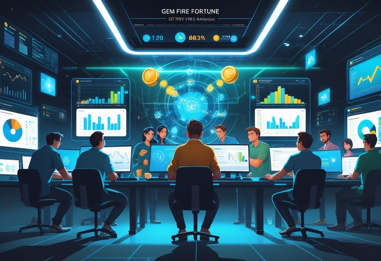 Sekelompok pemain dan analis sedang mengamati layar digital dengan grafik dan statistik permainan secara serius di ruang analisis berteknologi tinggi.