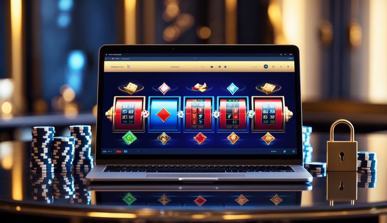 Sebuah komputer menampilkan antarmuka kasino online dengan mesin slot, kartu poker, dan roda roulette di layar, dikelilingi oleh simbol keamanan dan chip kasino.