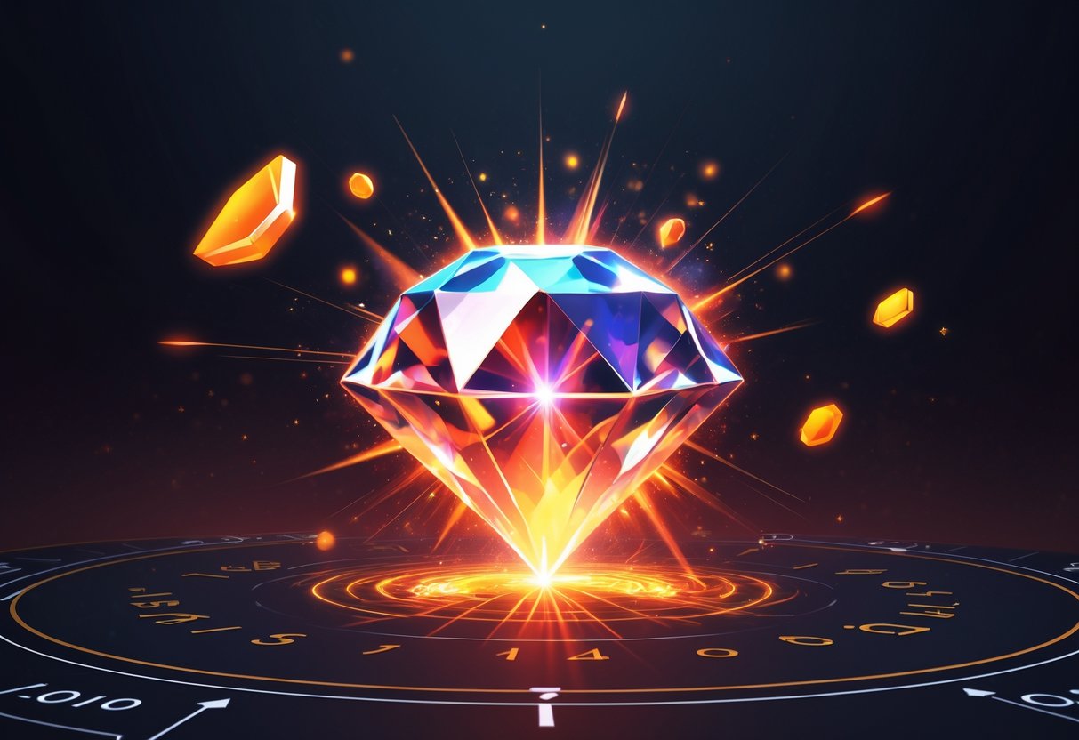 Ilustrasi batu permata bercahaya dengan percikan api dan pola abstrak yang menggambarkan keberuntungan dan simulasi putaran.