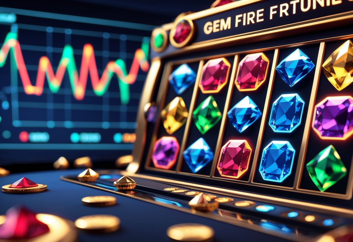 Ilustrasi antarmuka permainan slot dengan simbol permata berwarna cerah dan grafik data simulasi putaran.