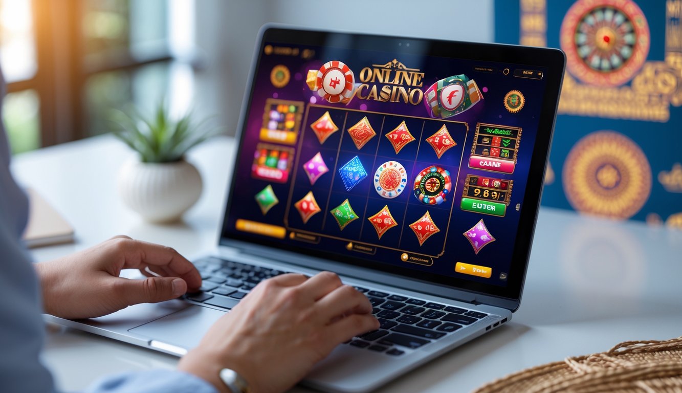 Seseorang menggunakan laptop atau ponsel untuk bermain kasino online dengan latar belakang elemen budaya Indonesia.