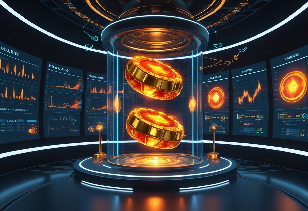 Sebuah ruangan kontrol futuristik dengan layar holografik menampilkan grafik dan data simulasi putaran mesin slot Gem Fire Fortune™, dengan gulungan mesin slot berwarna emas yang berputar di tengah dan garis-garis animasi yang menunjukkan pola putaran.