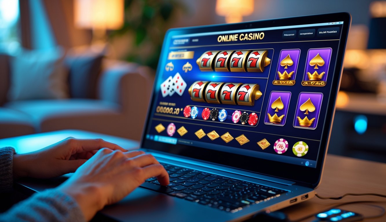 Seseorang bermain kasino online di laptop di ruangan yang nyaman dan modern.