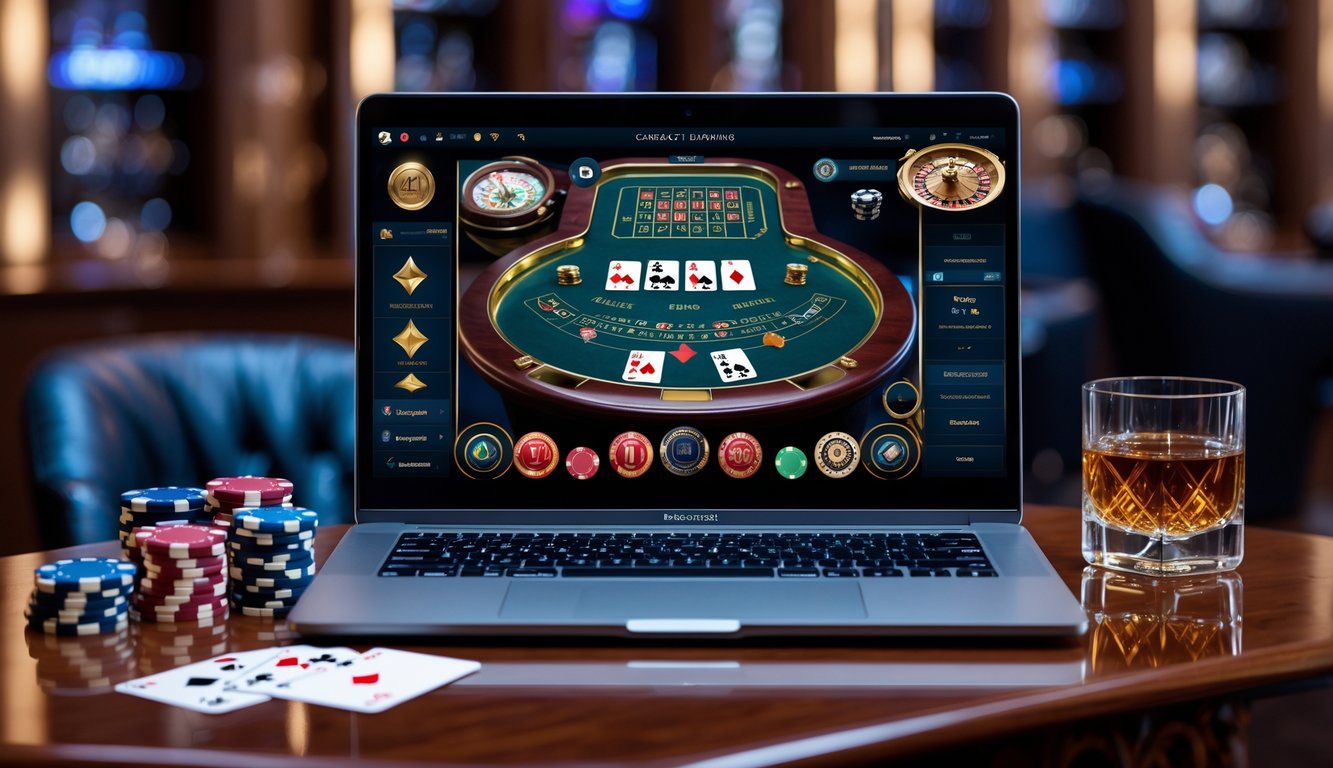 Sebuah laptop menampilkan permainan baccarat online dengan chip dan kartu di atas meja kayu, suasana kasino yang elegan.