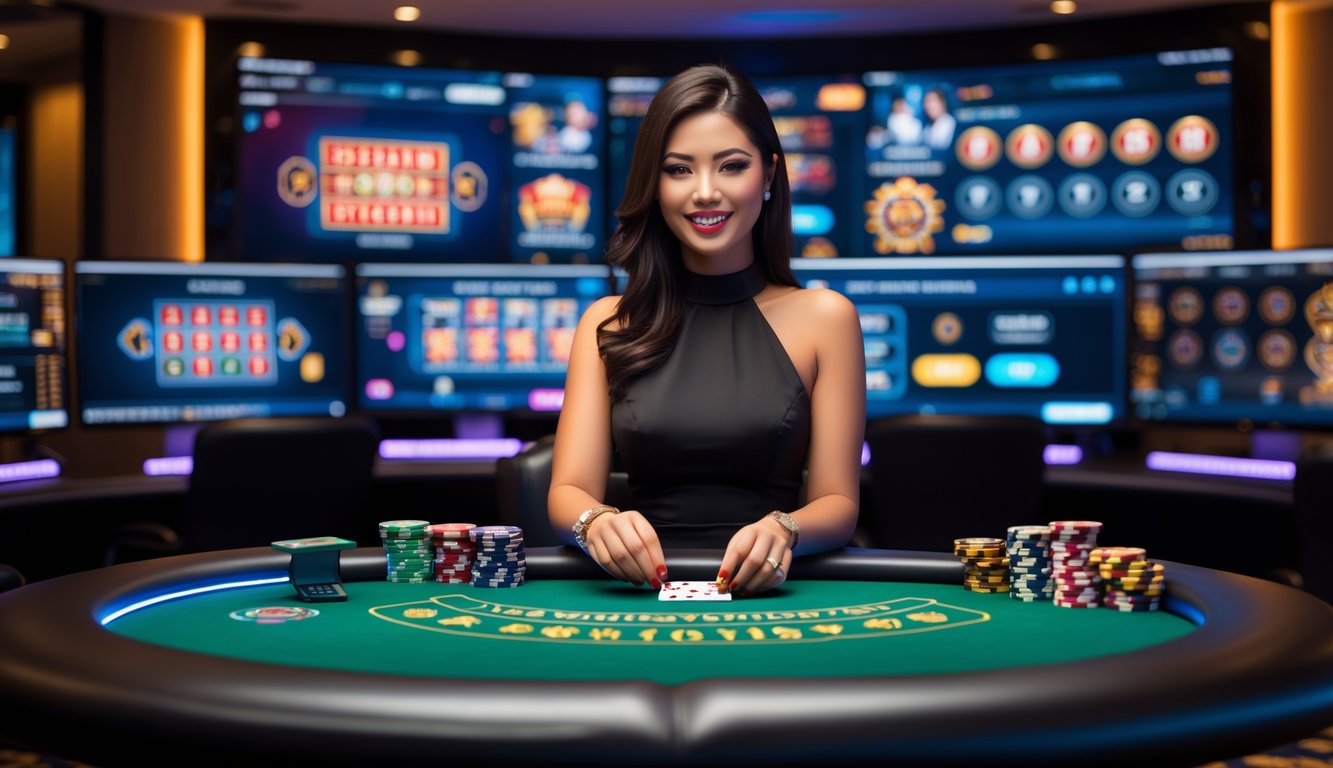 Seorang dealer kasino online wanita yang sedang membagikan kartu di meja kasino dengan monitor komputer di latar belakang.