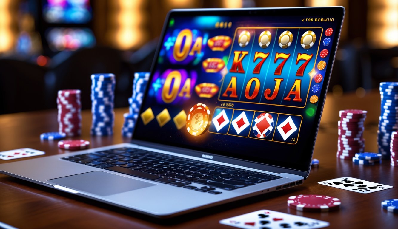 Seorang pemain sedang menggunakan laptop dengan permainan kasino online dan berbagai elemen kasino seperti chip poker dan kartu di atas meja.
