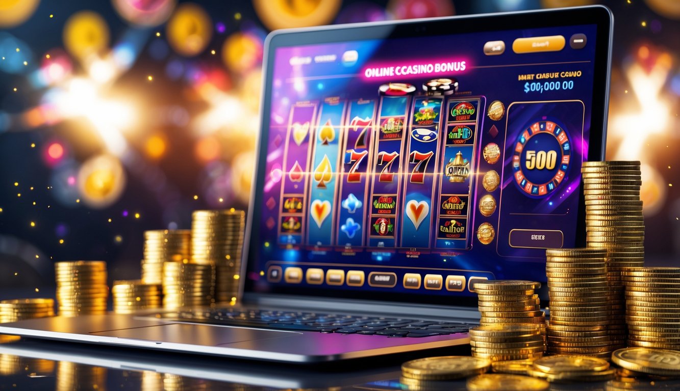 Seorang pemain kasino online menggunakan komputer dengan tumpukan chip poker dan koin emas di sekitarnya.