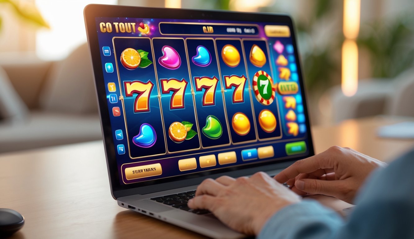 Seseorang sedang bermain permainan slot online di laptop di dalam ruangan dengan pencahayaan hangat.