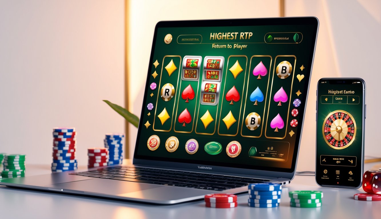 Seorang pengguna menggunakan komputer dengan tampilan permainan kasino online di layar, dikelilingi oleh chip poker dan dadu.