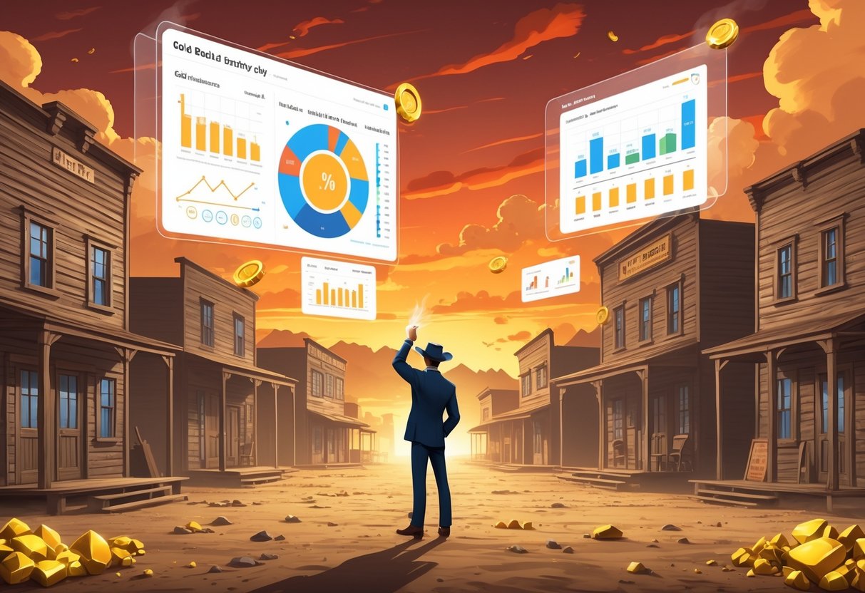 Seorang pria sedang menganalisis grafik dan statistik di depan latar kota Wild West dengan bangunan kayu dan langit matahari terbenam.