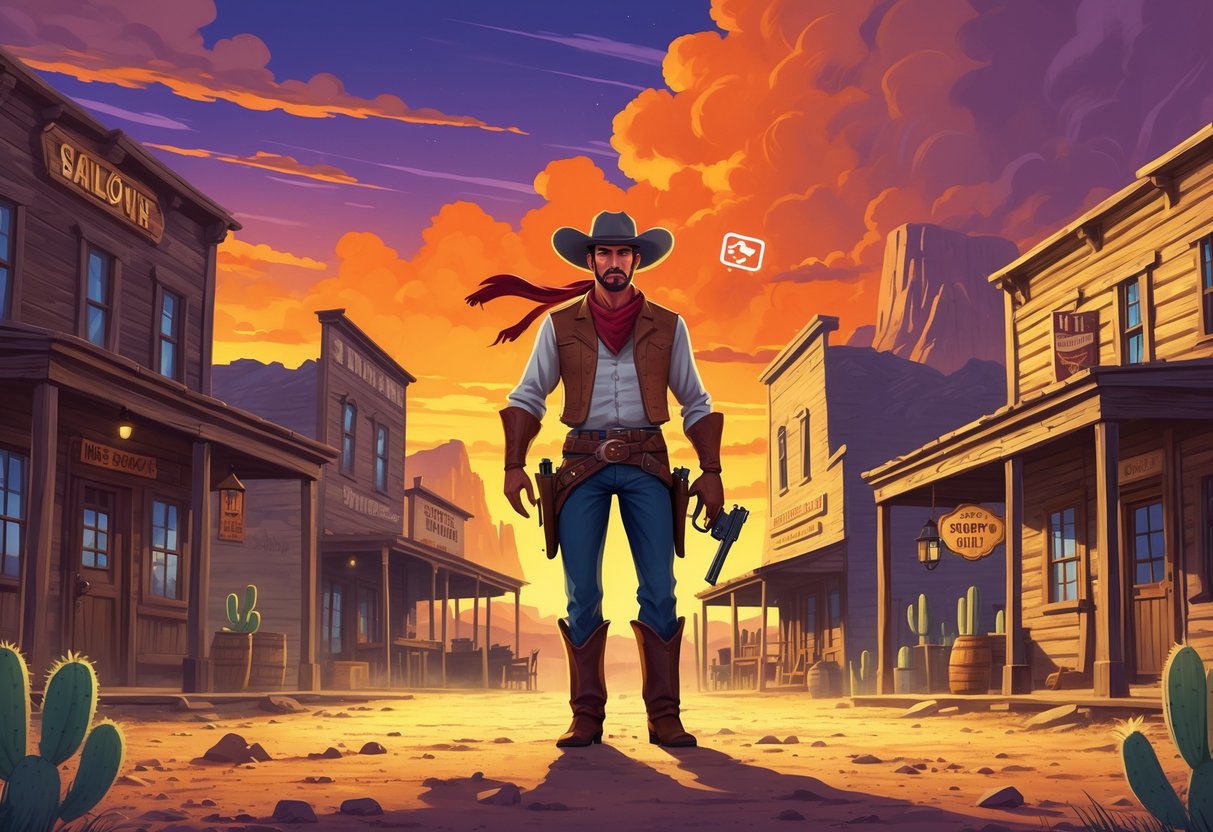 Seorang koboi berdiri di jalan kota kecil di padang gurun dengan bangunan kayu dan pegunungan di latar belakang saat matahari terbenam.