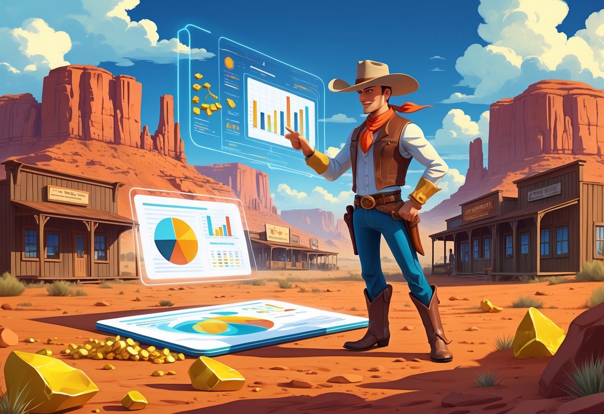 Pemandangan gurun Wild West dengan seorang koboi yang sedang menganalisis grafik statistik di depan kota kayu tua.