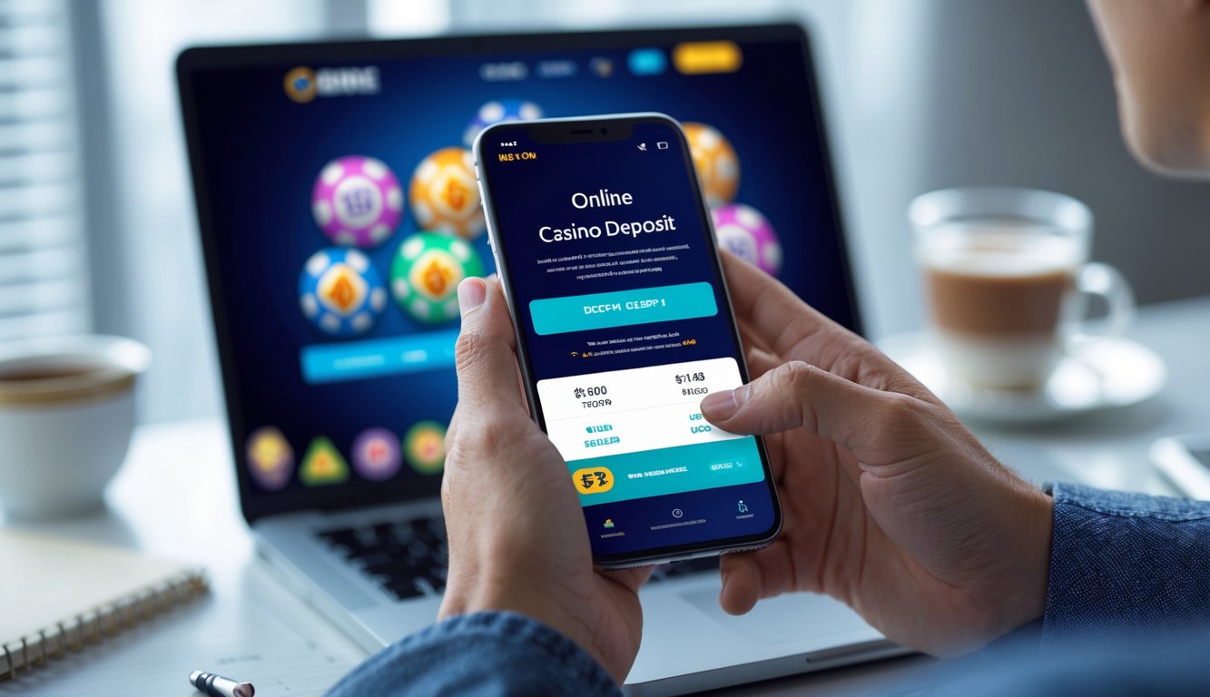 Seseorang menggunakan ponsel untuk melakukan deposit murah di kasino online dengan latar belakang laptop yang menampilkan situs kasino.