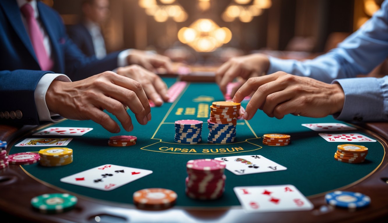 Meja permainan Capsa Susun dengan kartu dan chip poker, beberapa tangan pemain sedang menyusun kartu.