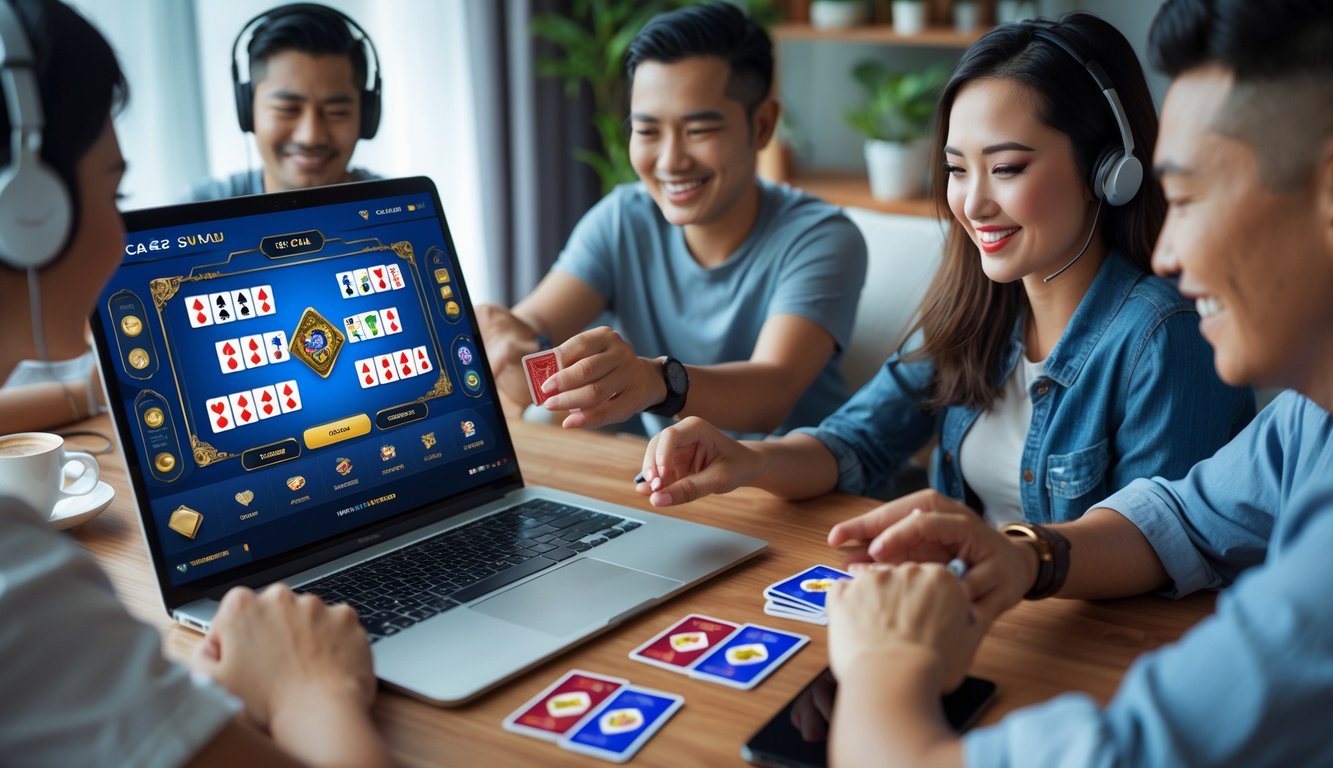 Beberapa orang bermain permainan kartu Capsa Susun secara online menggunakan laptop di meja kayu di dalam ruangan yang nyaman.