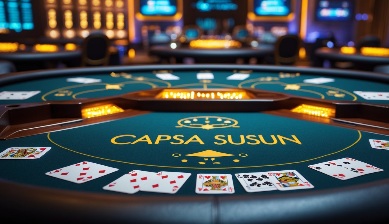Meja kasino modern dengan kartu bermain Capsa Susun tersusun rapi dan layar digital yang menampilkan statistik RTP tinggi.