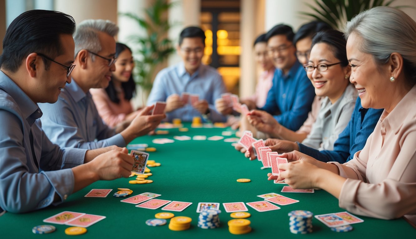 Sekelompok orang sedang bermain kartu Judi Capsa Susun di meja hijau dengan suasana penuh konsentrasi dan semangat.