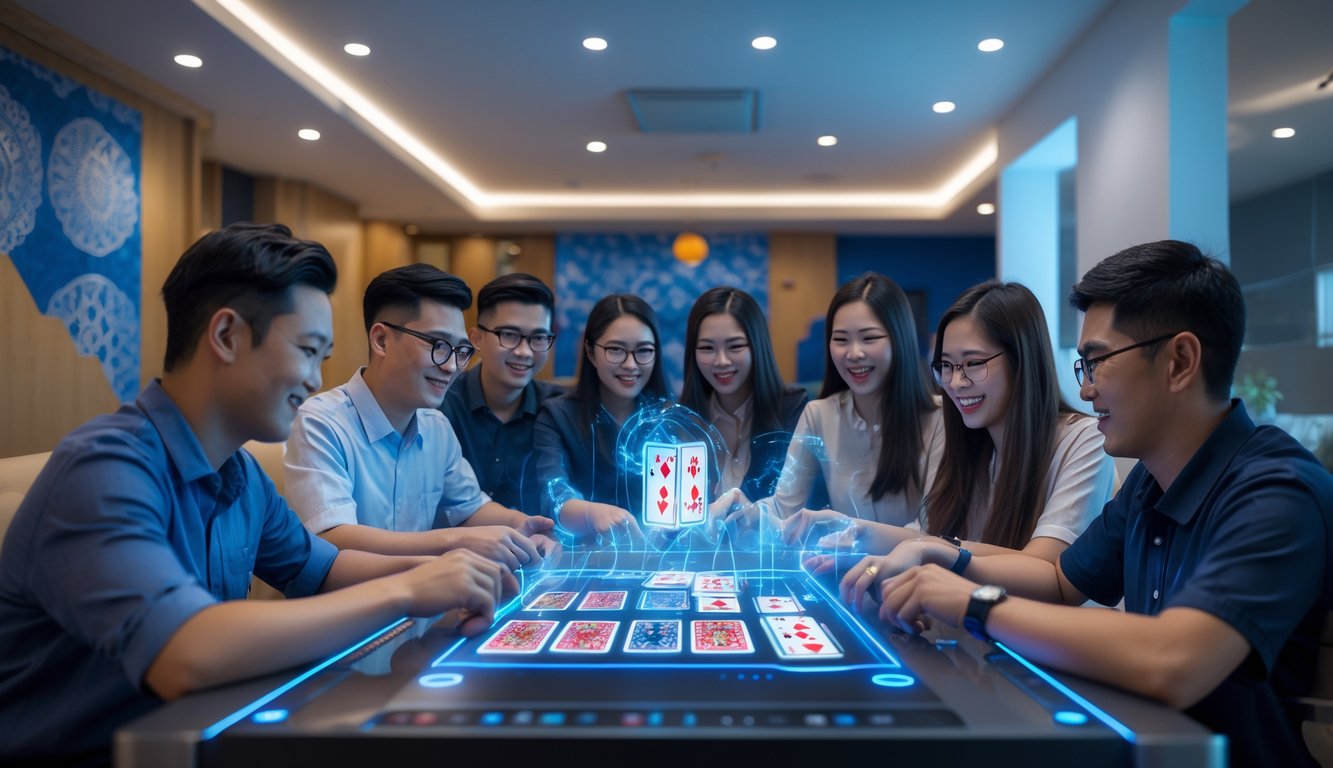 Sekelompok orang muda bermain permainan kartu Capsa Susun di meja digital di dalam ruangan modern dengan dekorasi batik.