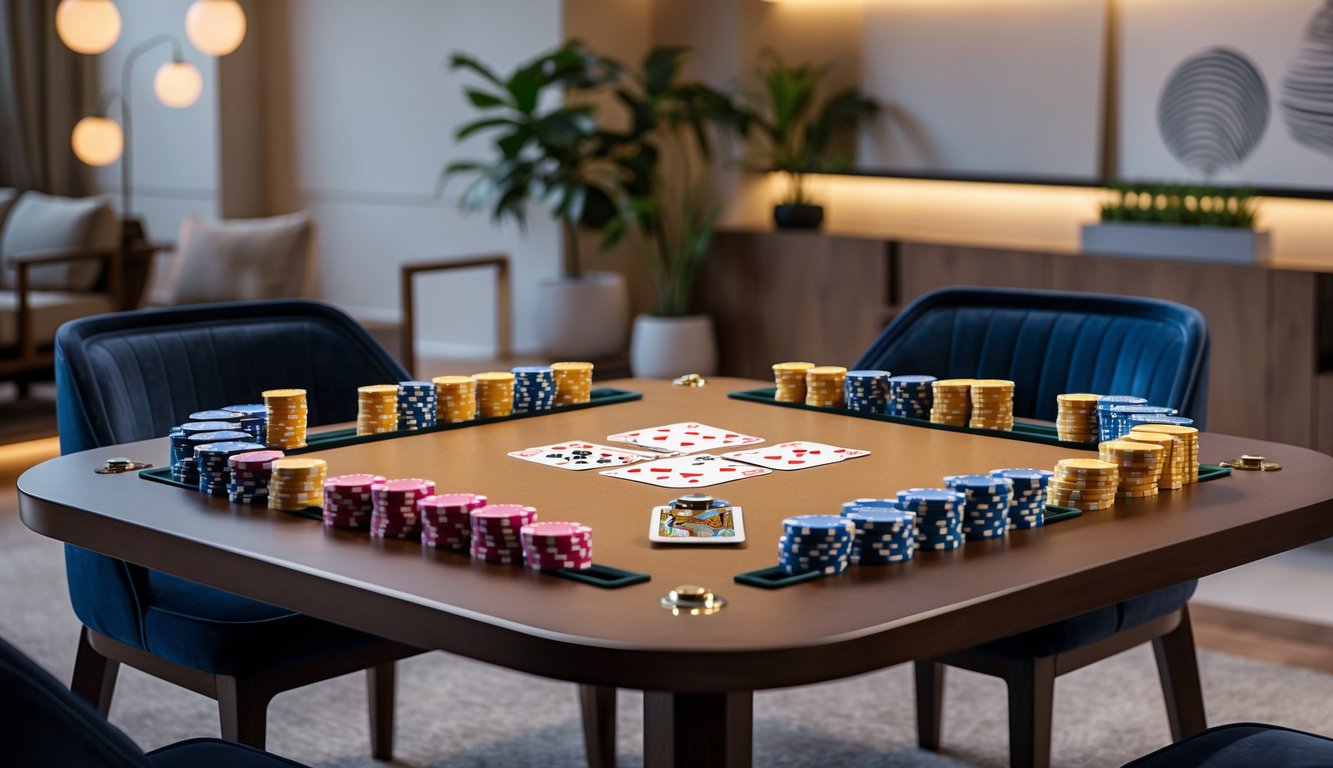 Area bermain Capsa Susun dengan meja kayu, kartu remi tertata rapi, dan chip poker di dalam ruangan yang nyaman.