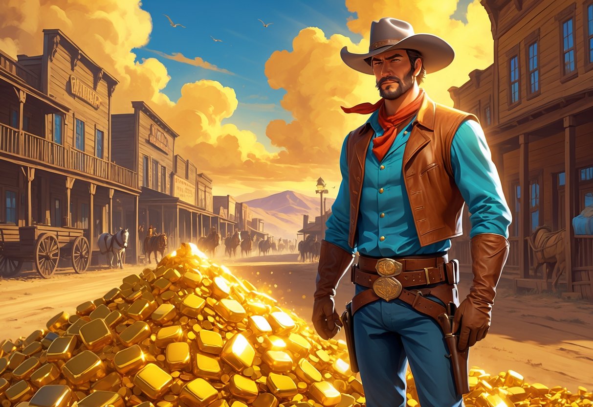 Seorang pemburu hadiah berdiri di depan tumpukan emas di kota Wild West dengan latar belakang jalanan berdebu dan bangunan kayu.