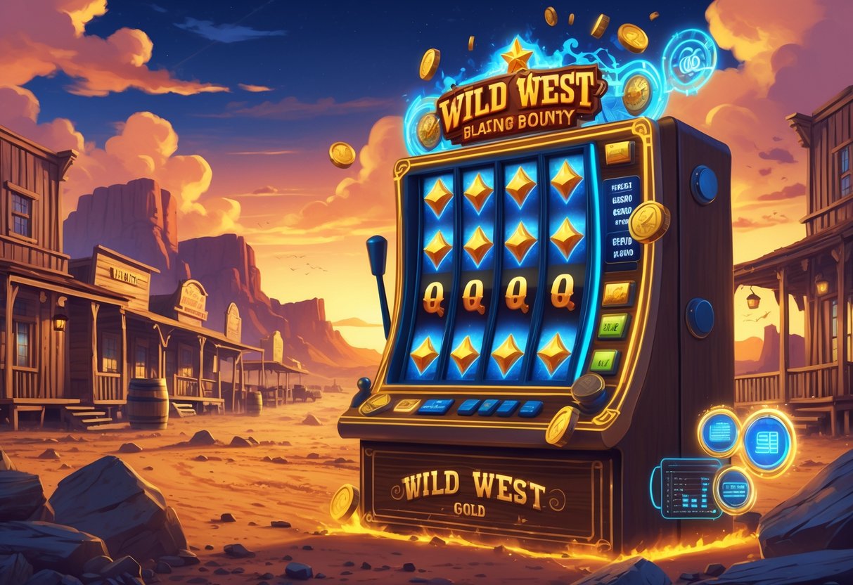 Pemandangan kota koboi di barat liar dengan mesin slot dan grafik data pemain yang menyala.