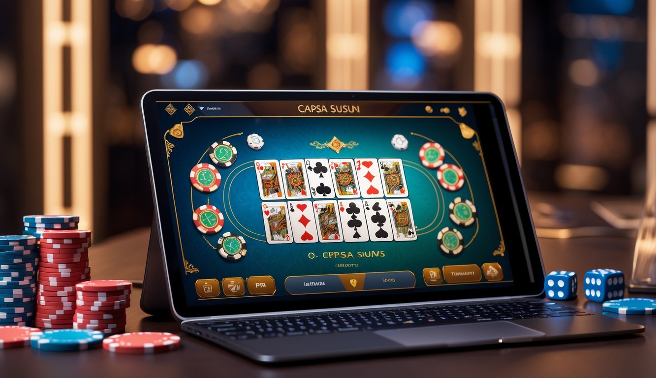 Sebuah layar perangkat modern menampilkan permainan kartu Capsa Susun dengan tumpukan chip poker dan dadu di sekitarnya.