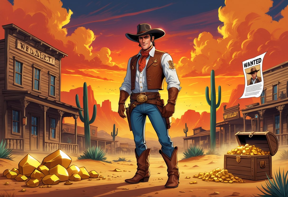 Seorang koboi berdiri di depan kota gurun dengan matahari terbenam yang menyala, dikelilingi oleh emas dan elemen khas barat liar seperti kaktus dan bangunan kayu.
