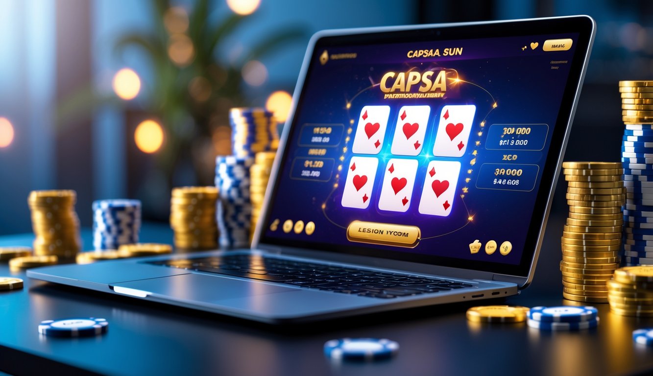 Seorang pemain sedang menggunakan komputer dengan tampilan permainan kartu Capsa Susun online dan tumpukan chip poker serta koin emas di sekitarnya.