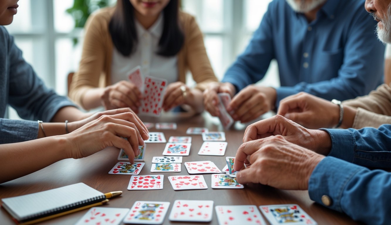 Beberapa orang sedang bermain dan menyusun kartu Capsa Susun di atas meja.