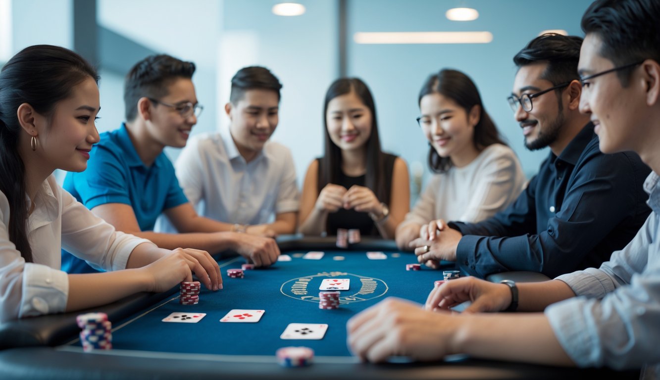 Meja permainan Capsa Susun dengan kartu dan chip poker, pemain terlihat fokus dan santai dalam suasana yang adil dan menyenangkan.