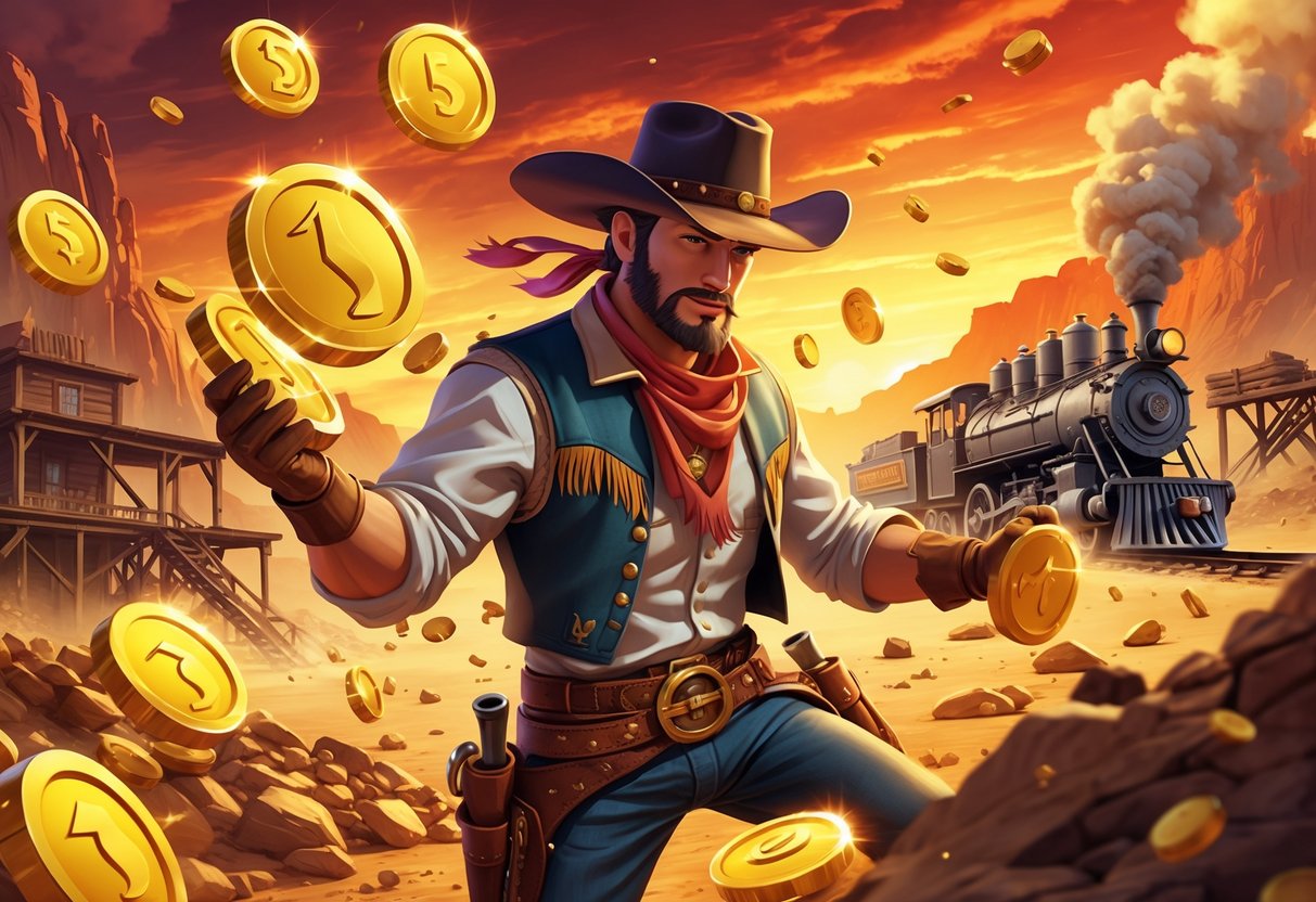 Seorang koboi di gurun dengan latar belakang matahari terbenam, simbol slot bertema koboi dan koin emas berkilauan di sekitarnya.
