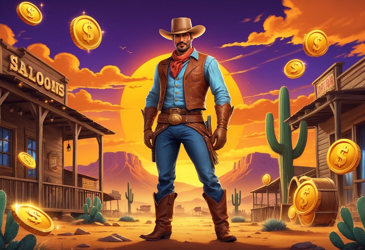 Seorang koboi berdiri di tengah kota gurun Wild West dengan latar matahari terbenam dan simbol emas berkilau di sekitarnya.