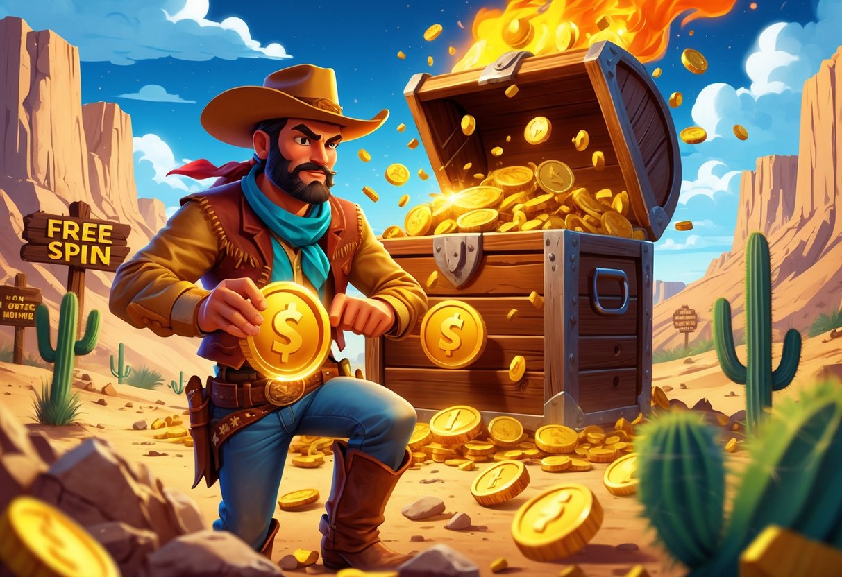 Seorang koboi memegang koin emas di tengah latar gurun dengan peti harta karun yang bersinar dan tumpukan emas di sekitarnya.