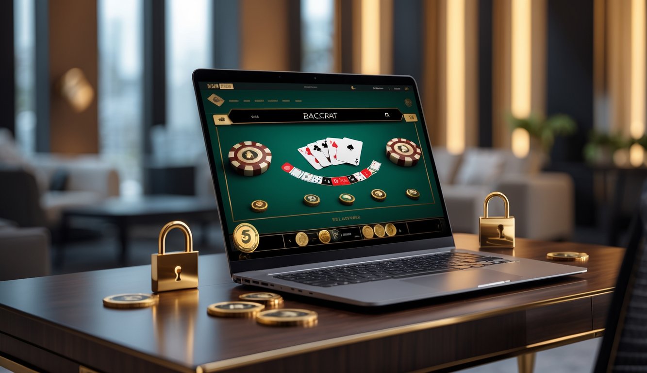 Seorang pemain menggunakan komputer dengan permainan baccarat online yang ditampilkan di layar di sebuah meja kayu di ruangan yang rapi.