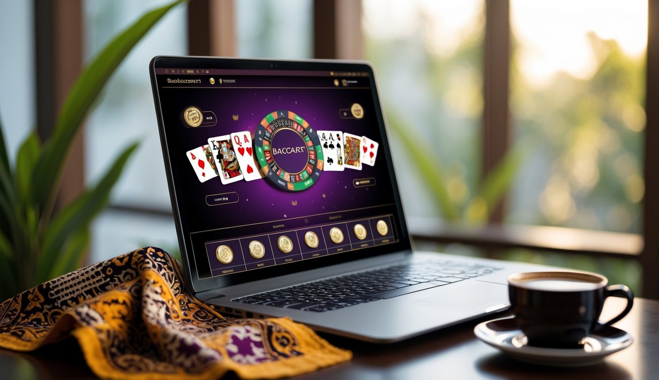 Seorang pria menggunakan laptop dengan permainan baccarat online di layar, dikelilingi oleh elemen budaya Indonesia seperti kain batik dan secangkir kopi.