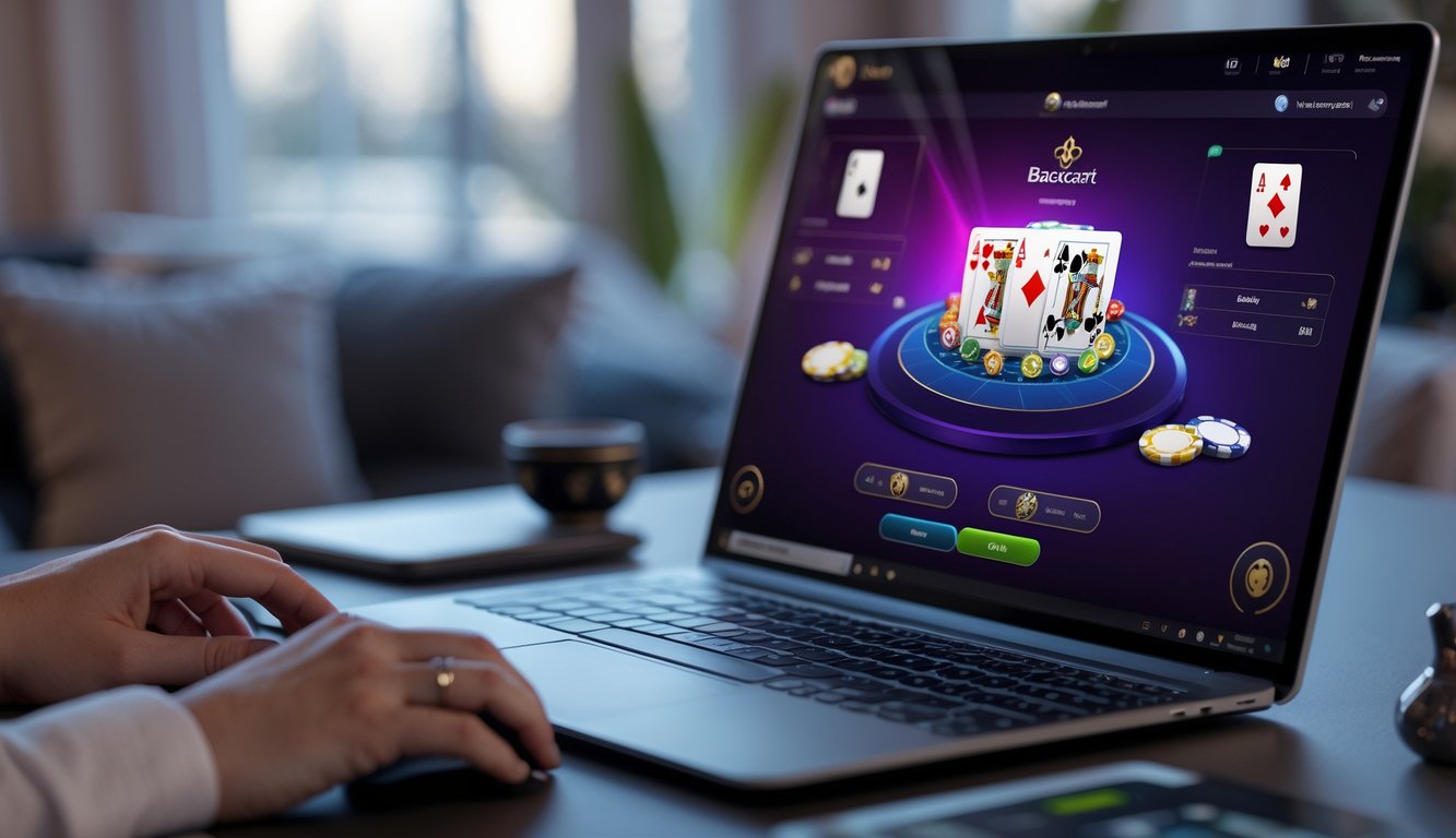 Seseorang sedang bermain permainan baccarat online di komputer dengan kartu dan chip di layar.