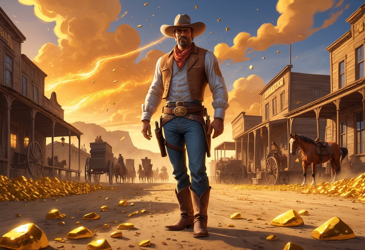 Seorang koboi berdiri di kota perbatasan dengan latar belakang matahari terbenam dan tumpukan emas di tanah.