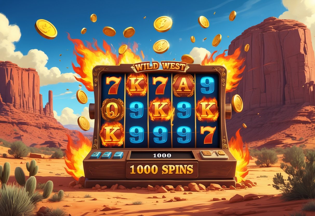 Pemandangan gurun Wild West dengan mesin slot yang berputar dan koin emas yang melayang di sekitarnya.