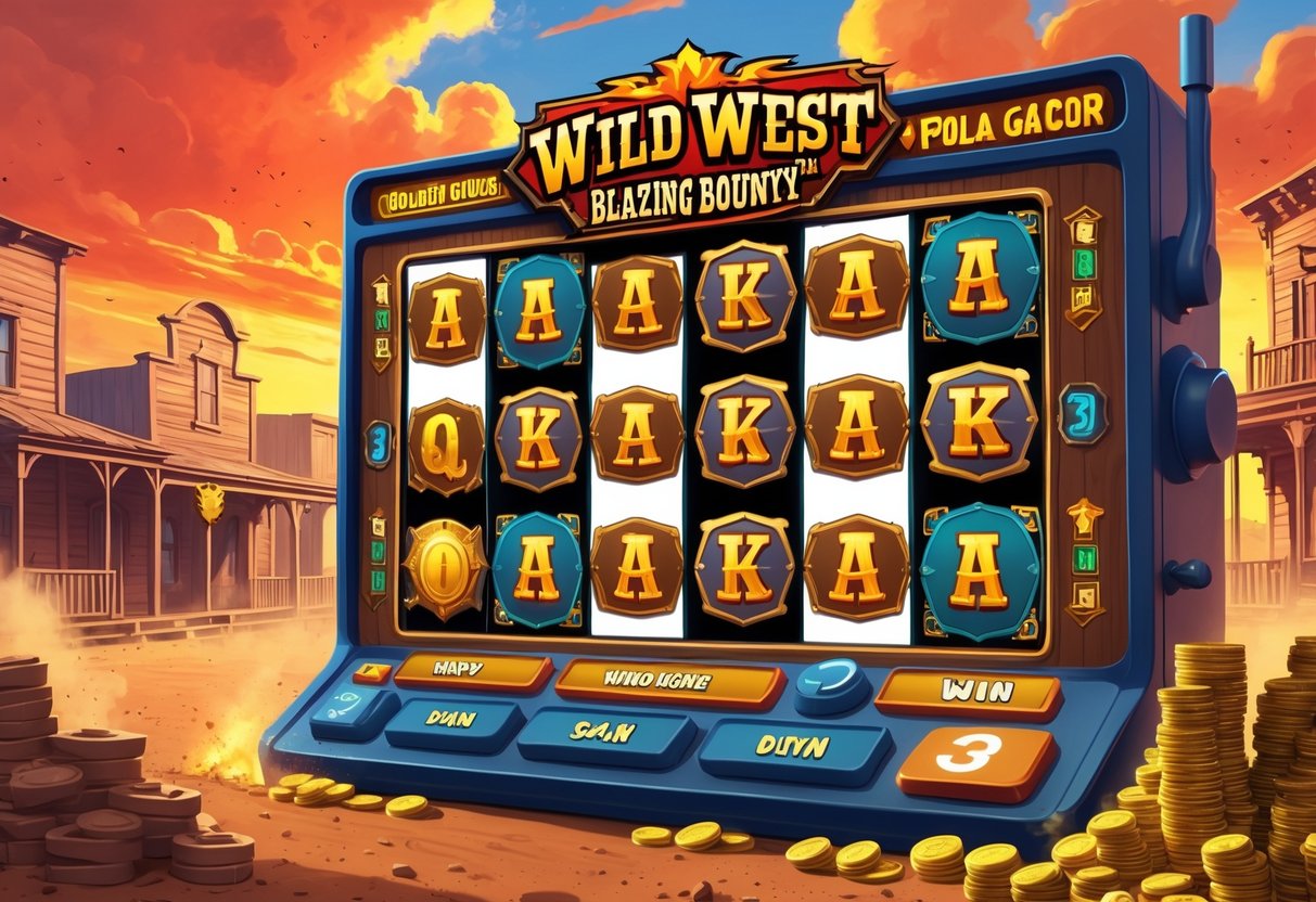 Adegan kota Barat liar dengan mesin slot menampilkan simbol koboi dan emas, di bawah langit matahari terbenam yang menyala.
