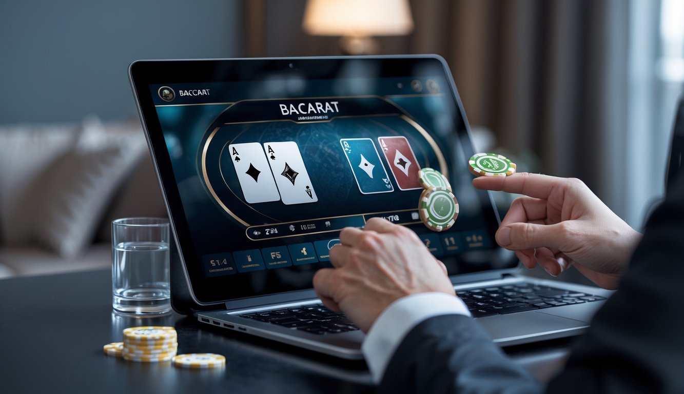 Tangan seseorang menggunakan komputer dengan permainan baccarat online di layar dalam suasana ruangan yang nyaman.
