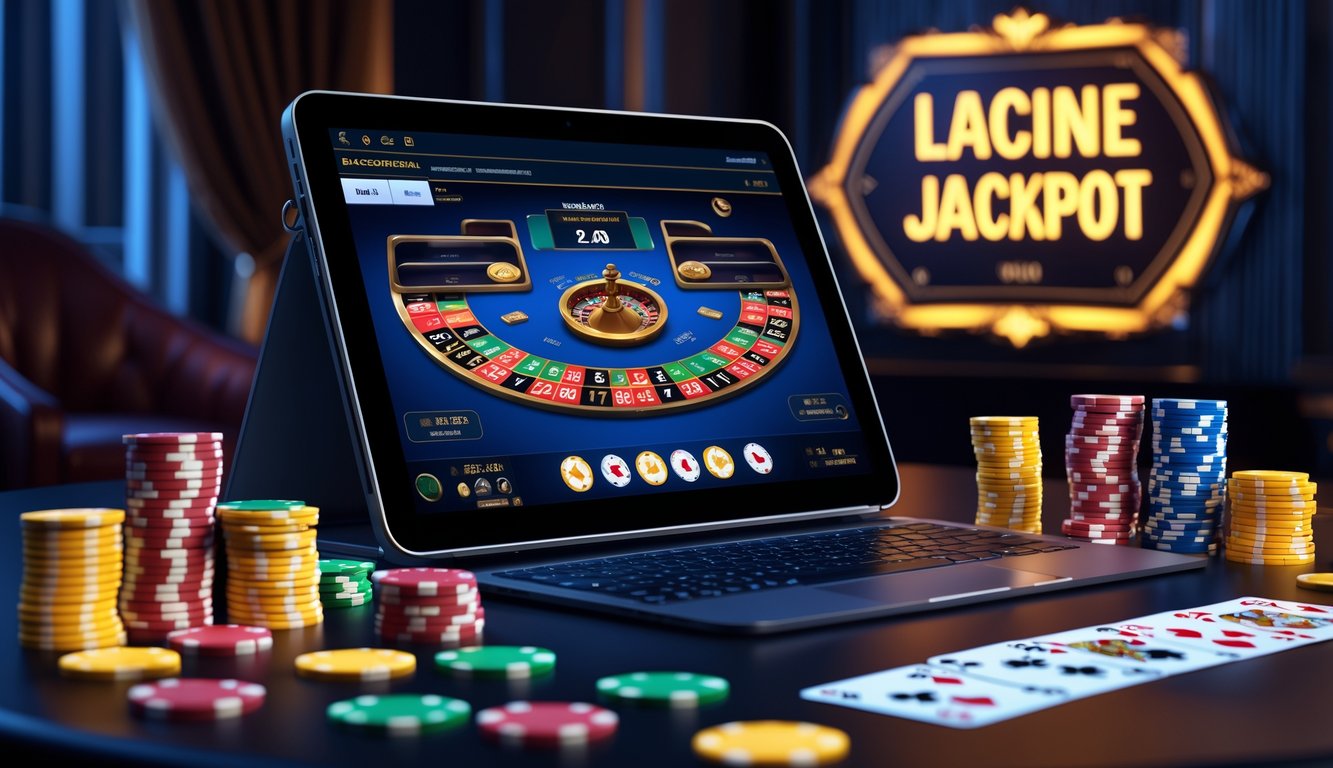 Sebuah meja dengan perangkat digital menampilkan permainan baccarat online, dikelilingi tumpukan chip kasino dan lampu jackpot yang menyala.