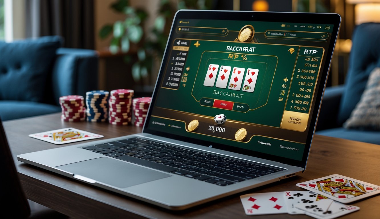 Sebuah laptop menampilkan permainan baccarat online dengan kartu dan chip poker di sekitarnya di dalam ruangan yang nyaman.