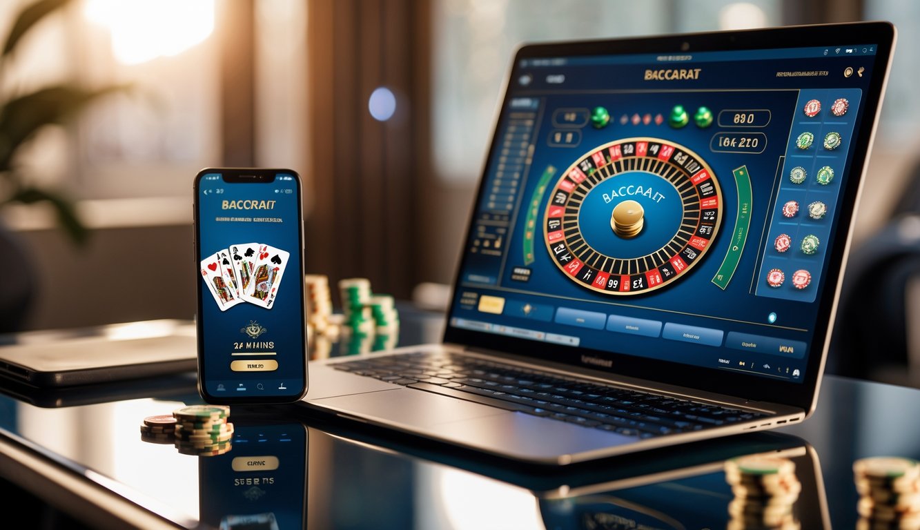 Sebuah meja dengan komputer dan ponsel yang menampilkan permainan baccarat online dengan kartu dan chip terlihat jelas.