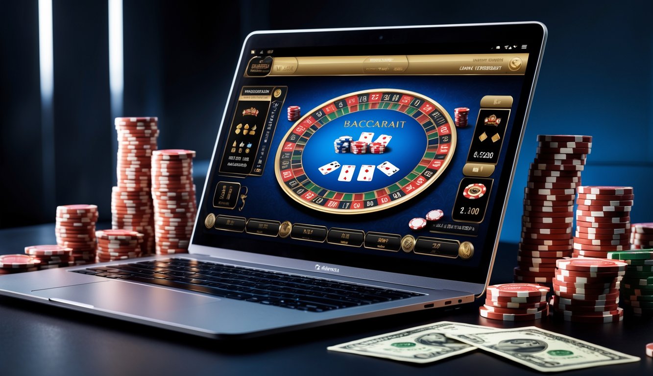 Seseorang bermain permainan baccarat online dengan uang asli menggunakan komputer di lingkungan yang mewah dan aman.